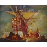 A follower of Frank Brangwyn, oil on board, sailors and galleon, 7.5" x 9", framed