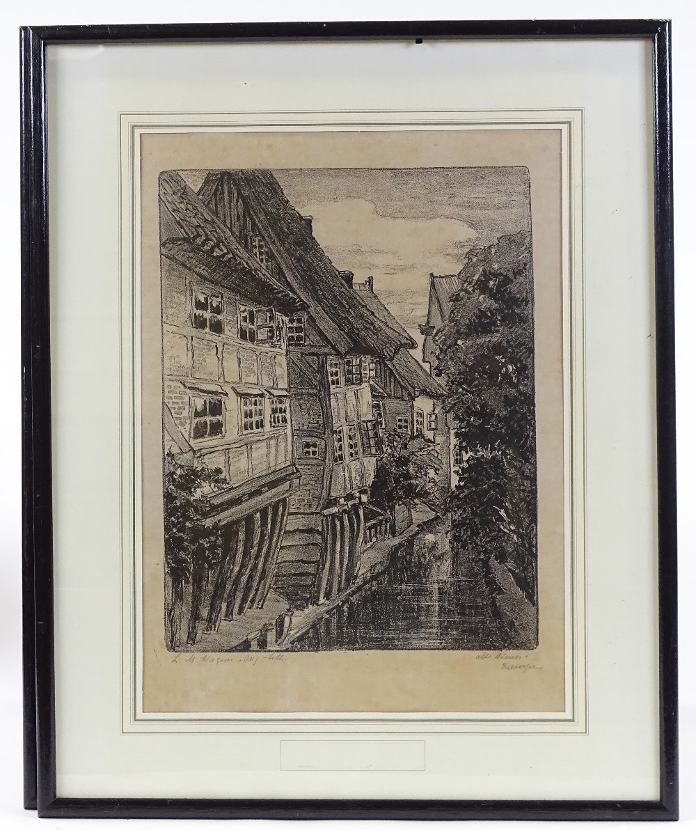 Bernard Schumacher, 2 etchings, village scenes, together with a 19th century oil on board, swans - Image 2 of 4