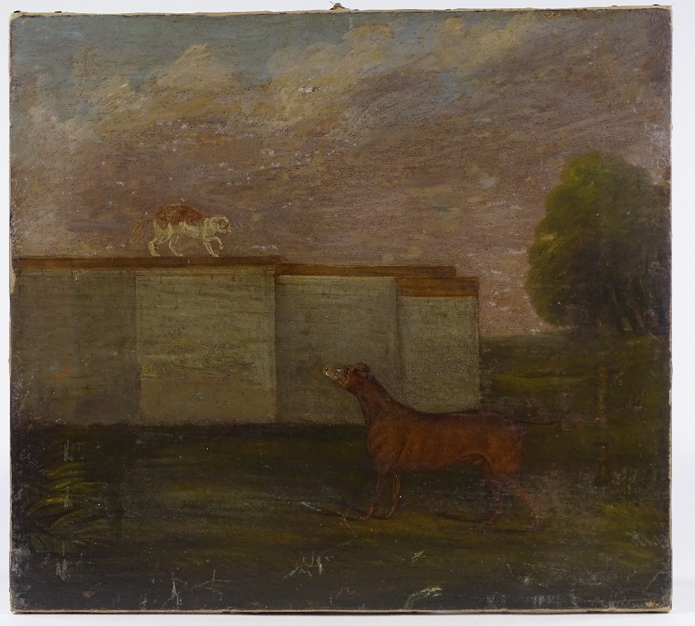 18th century Naive School, oil on canvas, cat looking down on a dog, unsigned, 19.5" x 21", unframed - Image 2 of 12