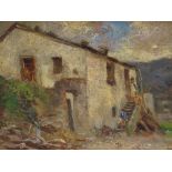 19th century oil on board, Continental farm buildings, signed with monogram CS, 7.5" x 11", framed