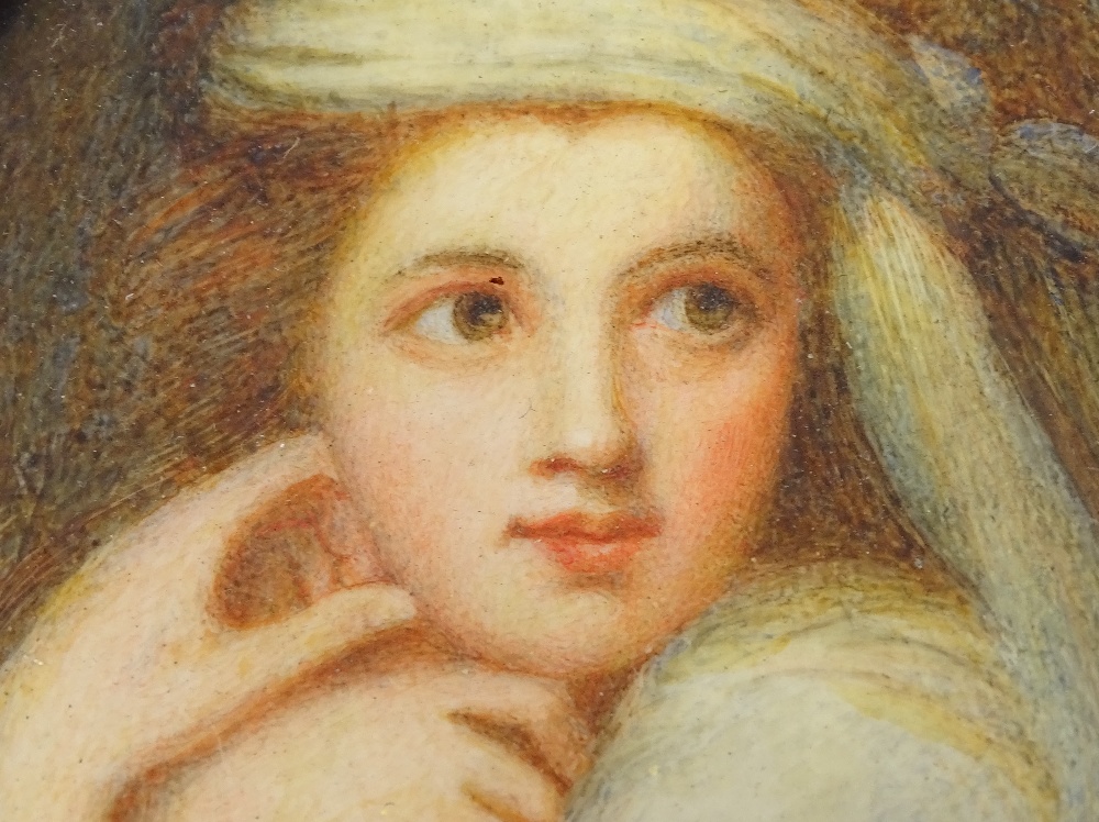 19th century miniature watercolour, Classical portrait of a girl, unsigned, 4" x 3", original oval - Image 3 of 4