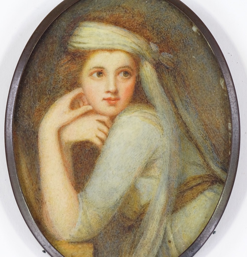19th century miniature watercolour, Classical portrait of a girl, unsigned, 4" x 3", original oval