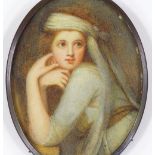 19th century miniature watercolour, Classical portrait of a girl, unsigned, 4" x 3", original oval