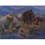 Indian School, oil on canvas, elephant workers, indistinctly signed, dated 1996, 24.5" x 32",