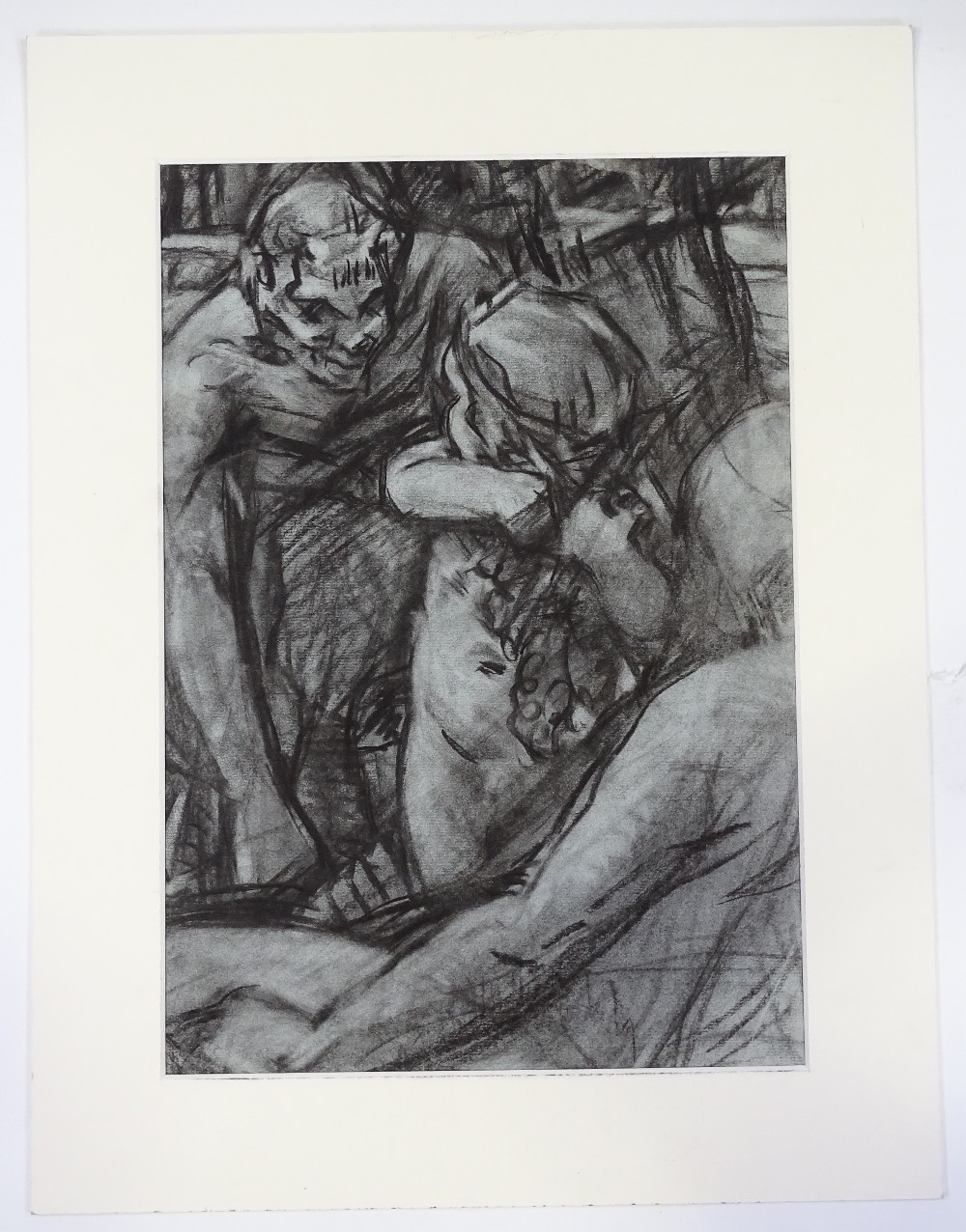 Modern British School circa 1930s, charcoal on blue paper, Satyr and cherub, 15.5" x 11", mounted - Image 2 of 4