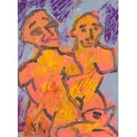 Mid-20th century European School, mixed media on paper, abstract figures, signed with monogram KK,