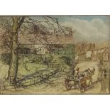 A Berens, coloured etching, a village lane, 8.5" x 11.5", framed