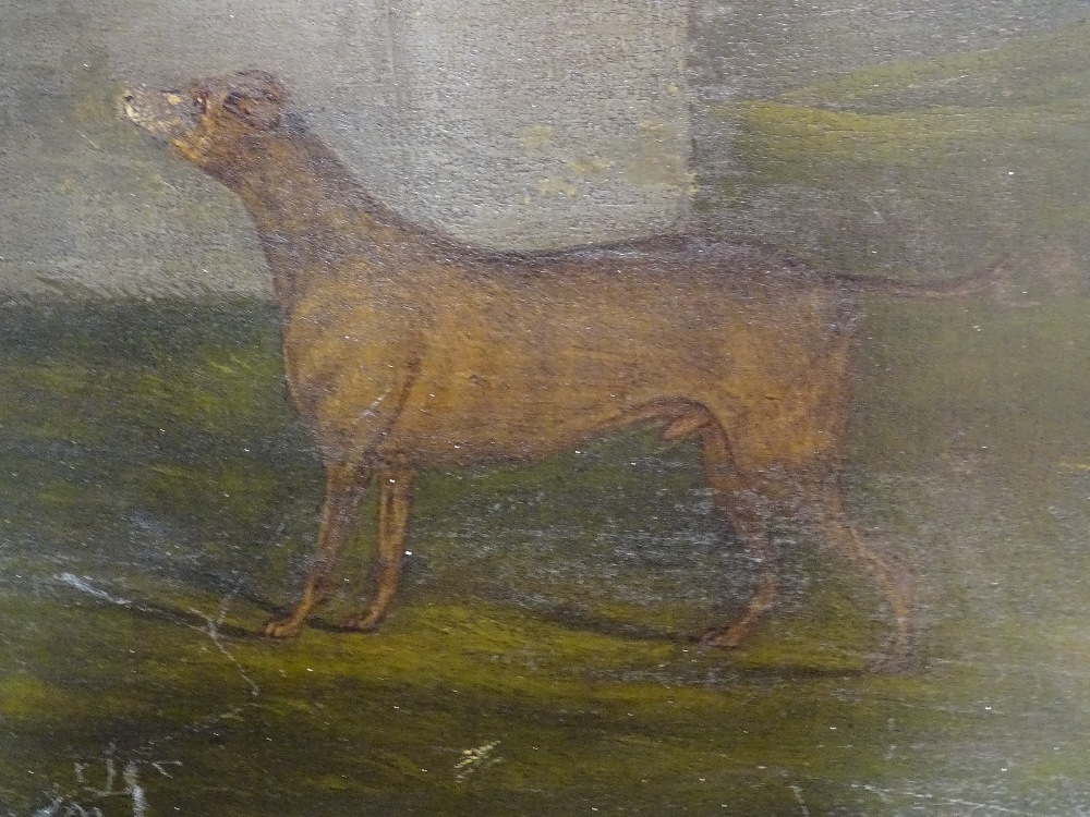 18th century Naive School, oil on canvas, cat looking down on a dog, unsigned, 19.5" x 21", unframed - Image 5 of 12