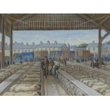 M Gaffney, watercolour, sheep market, 1971, 14.5" x 20", framed