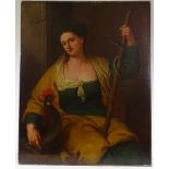 18th century French School, oil on canvas, Classical portrait of a woman and cockerel, unsigned, 39"