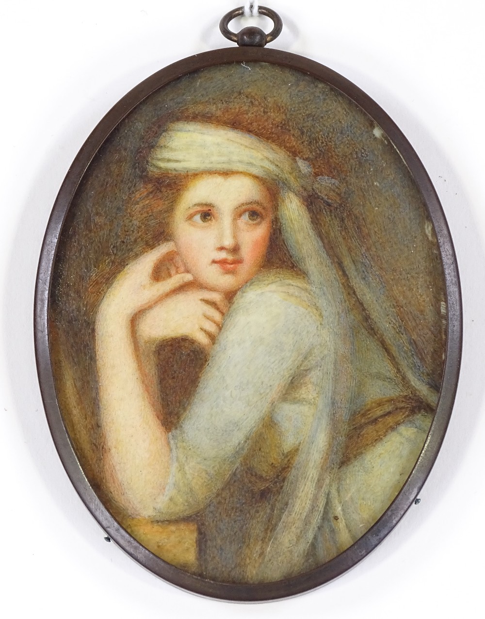 19th century miniature watercolour, Classical portrait of a girl, unsigned, 4" x 3", original oval - Image 2 of 4