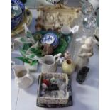 Miniature ornaments, a pair of decanters, a religious plaque etc