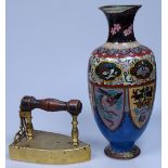 An Antique brass iron, and a cloisonne vase