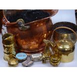A copper coal bucket, a brass tea kettle, a bell etc