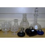 Cut-glass decanters, and 4 ink bottles with hinged tops