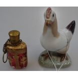 A gilded ruby glass scent flask, 2.75", and a B&G chicken