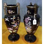 A pair of Antique black glazed vases, with painted and gilded birds and foliage, 15"