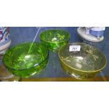 A set of 3 Antique glass bowls, with enamelled and gilded insect and floral decoration, 4.75"