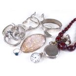 2 silver-cased pocket watches, a silver-mounted shell pendant, a silver hinged bangle, cherry