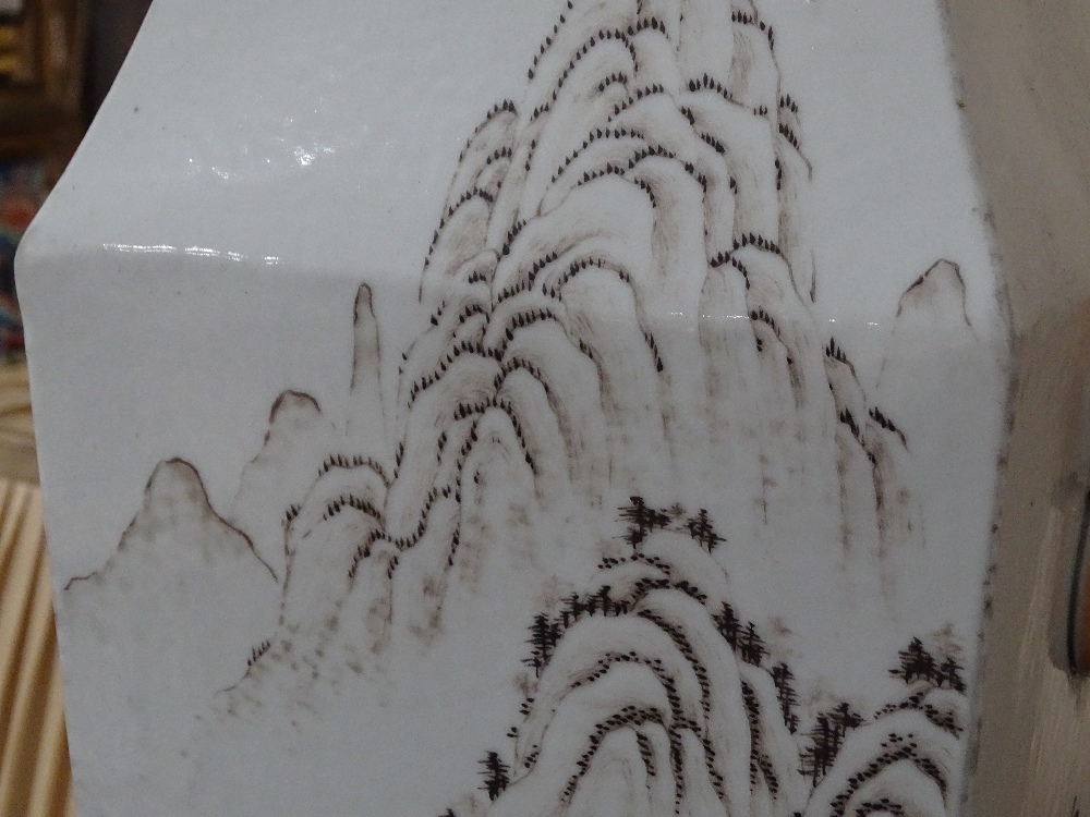 A Chinese porcelain square section vase with painted mountain landscape and text, height 57cm, rim - Image 14 of 18