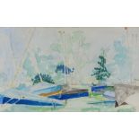 Richard Baines, watercolour, boatyard scene, 12" x 19", framed