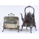 A silver plated swivel muffin warmer, together with a silver plated spirit kettle on stand (2)