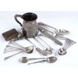 A group of various silverware, including a silver mug, silver bead edge cutlery etc, 14oz total