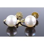 A pair of 9ct gold whole pearl hoop earrings, pearl diameter 8.2mm, 2.5g
