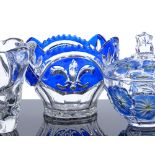 A Daum dimpled glass vase, height 17cm, a French crystal blue overlay glass bowl, diameter 21cm, and