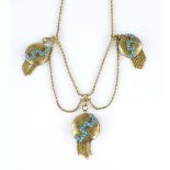 An unusual yellow metal and turquoise festoon necklace, with Greek key design pave set turquoise en