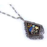 A Florentine pietra dura pendant, in silver filigree frame and chain, pendant height 52mm, chain