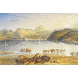 Circle of J M W Turner, watercolour, lake scene, unsigned, inscribed verso, 6" x 9", mounted