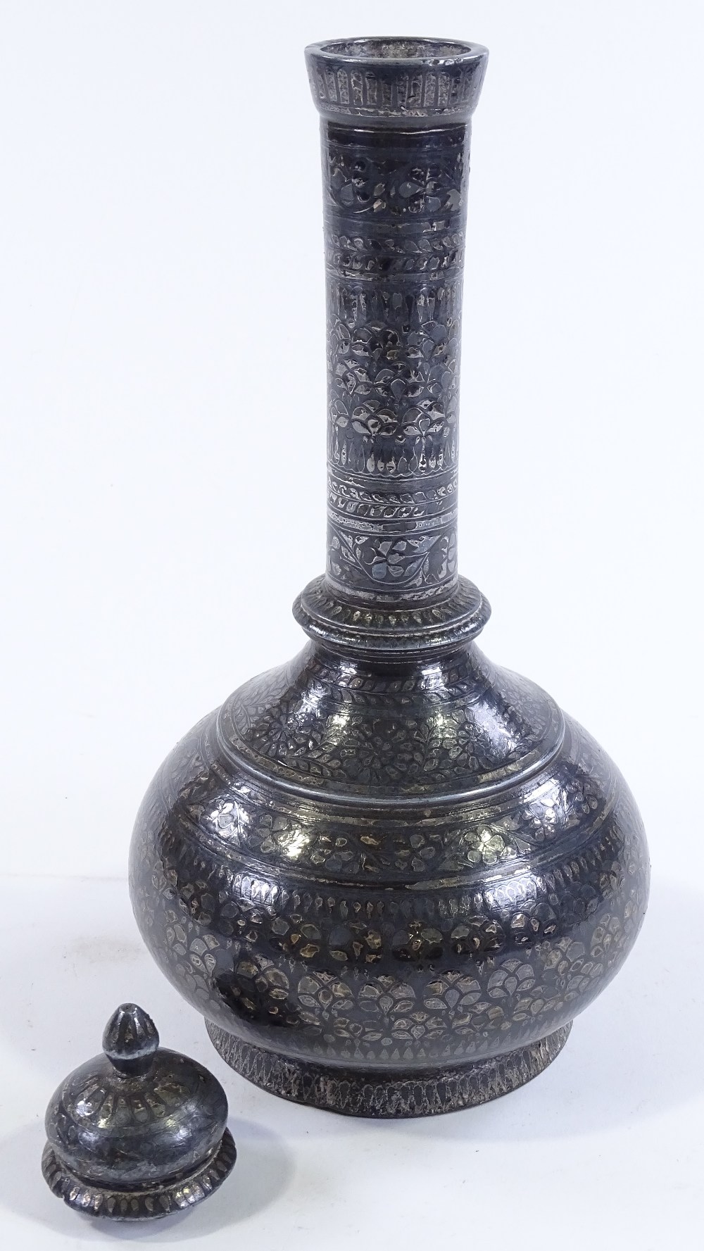 An Oriental silvered metal narrow necked vase and cover, height 34cm - Image 3 of 4