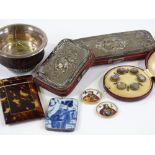 A tortoiseshell card case, 2 silver and leather cases, a silver-mounted wood bowl etc