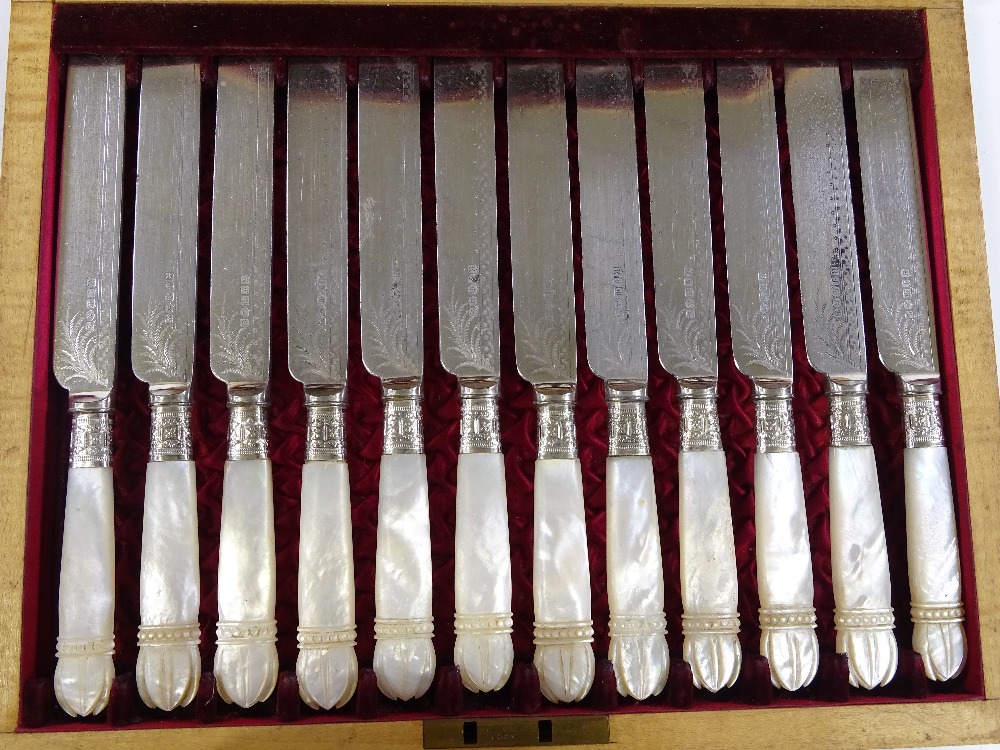 A cased set of Victorian carved mother-of-pearl handled dessert knives and forks for 12 people ( - Image 2 of 3