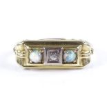A 14ct gold 3-stone opal and diamond dress ring, setting height 7mm, size O, 2.7g