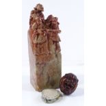 A Chinese soapstone carving, height 20cm, a Chinese engraved mother-of-pearl needle holder,