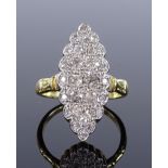 A large unmarked gold diamond cluster marquise ring, settings test as 18ct gold, approx 2ct