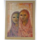 Pattie, oil on canvas board, Indian women, signed with Hong Kong framing label verso, 27" x 20",