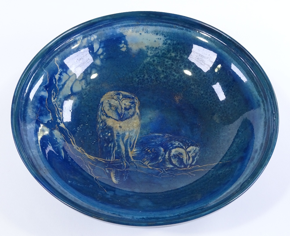 A Royal Worcester Sabrina pottery bowl, with gilded owl designs, signed K H Austin, serial no. 2769, - Image 3 of 4