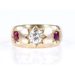 An unmarked gold 3-stone ruby and diamond gypsy ring, settings probably high carat, diamond approx
