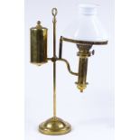 A Victorian student's adjustable brass oil lamp, with milk glass shade