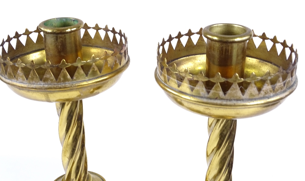 A pair of Gothic style brass candle stands, with pierced rims, height 39cm - Image 2 of 3