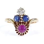 An 18ct gold ruby, sapphire and diamond ring, unmarked settings test as 18ct, setting height 16.1mm,