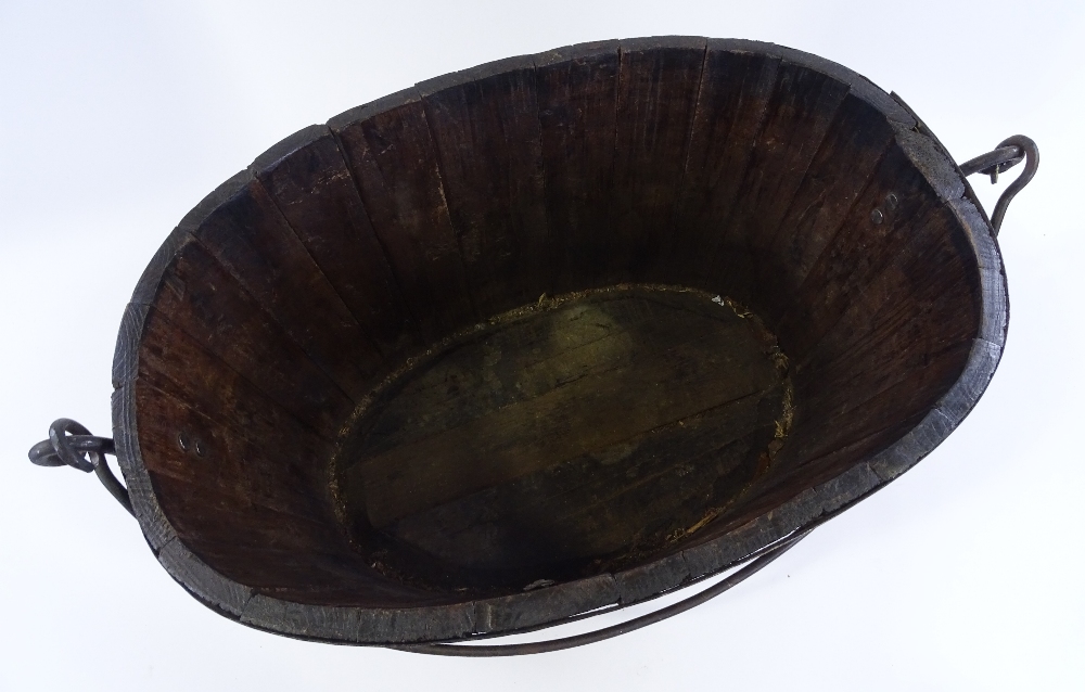 A metal-bound stained wood oyster bucket, with iron swing handle, length 58cm - Image 3 of 3