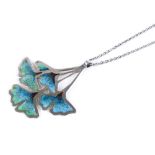 A Norman Grant silver and enamel Maidenhair tree leaves pendant, hallmarks Edinburgh 1979, pendant