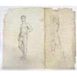 A folder of early 20th century pencil drawings, life studies, and a print after Brangwyn