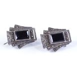 A pair of onyx, marcasite and silver earrings, height 24mm