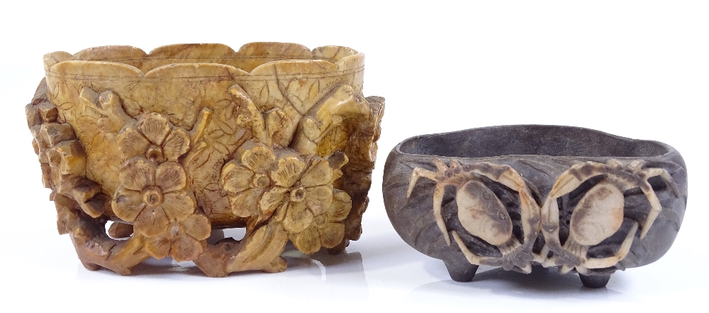 A Chinese relief carved soapstone pot, length 11cm, and a small Oriental ink pot decorated with