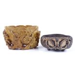 A Chinese relief carved soapstone pot, length 11cm, and a small Oriental ink pot decorated with